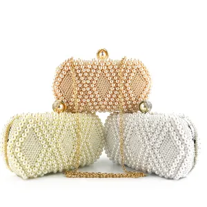 Handmade pearl beaded evening clutch bag, diamond lattice design with chain strap for women.