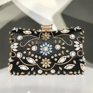 Sac de Soirée Luxueux Perlé à la Main en Strass pour Femmes Pochette en Satin Motif Floral Or Argent Noir Banquet Fête Sac