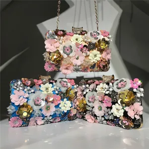 Handmade colorful flower beaded evening clutch bag with metal chain for women party wedding.