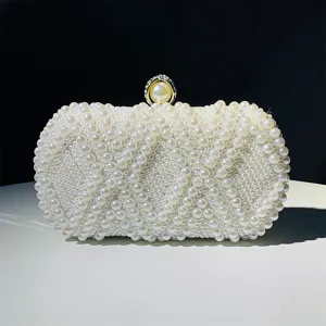 Women Hand Beaded Artificial Pearl Evening Bag Rhombus Pattern Clutch Bag With Chain For Party Wedding Ladies Handbag