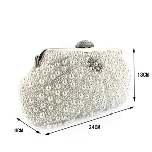 Elegant handmade pearl evening clutch bag with rhinestone clasp for women party wedding.
