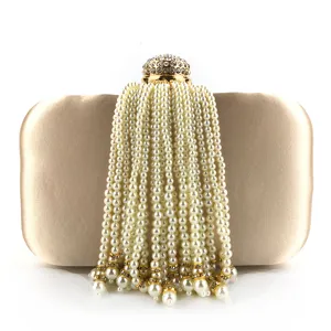 Champagne satin evening clutch with pearl tassel and rhinestone clasp, elegant party bag.