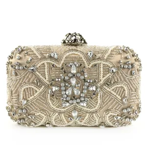 Exquisite hand-beaded evening clutch bag featuring sparkling crystals and an elegant clasp for women.