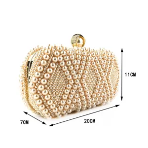 Pearl beaded evening clutch bag detail view showcasing exquisite rhombus pattern and gold hardware.
