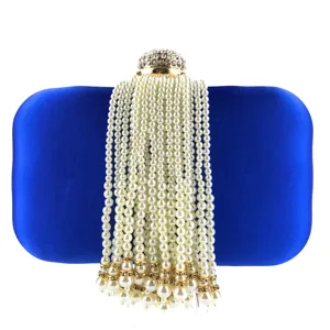 Blue satin evening clutch bag with elegant pearl fringe tassel and sparkling rhinestone clasp for women.