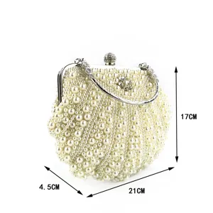 Elegante Perlen Muschel Abendtasche für Damen, exquisite Perlenhandtasche mit Strass-Kette.