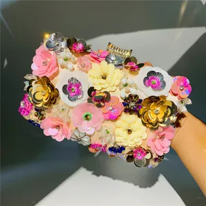 Handmade colorful sequin flower beaded evening clutch bag, exquisite party handbag details.