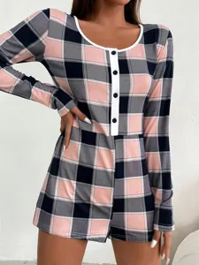 Mujer Manga Larga Cuadros Romper Sexy Lindo Botón Pijamas Casual Ropa De Hogar Traje