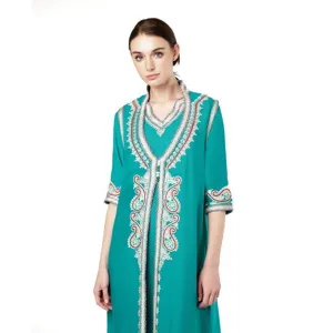 Teal green long robe detail, intricate white and red paisley embroidery, elegant ethnic style.