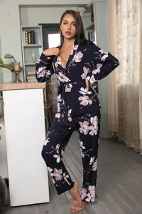 Women long sleeve floral pajama set with belt, comfortable sleepwear for women cozy home wear.