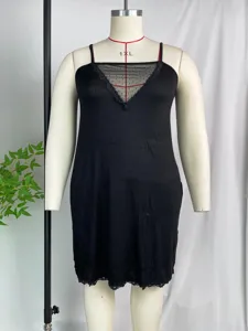 Robe de nuit nuisette noire grande taille col V en maille, vêtement de nuit modal confortable été.