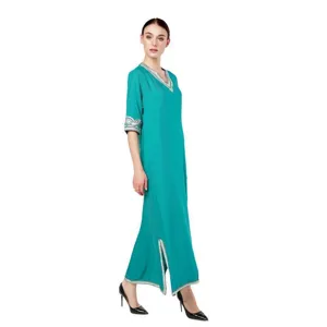 Turquoise V-neck maxi dress with delicate embroidery details for women elegant long robe style