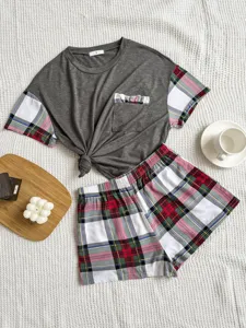 Women short sleeve pajama set plaid contrast lounge wear comfy sleepwear top and shorts