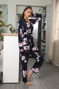 Floral long sleeve pajama set for women, dark blue wrap sleepwear with belt and pants.