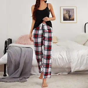 Elegante set pigiama donna due pezzi canotta senza maniche e pantaloni lunghi a quadri
