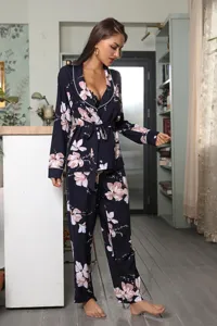 Women's long sleeve floral pajama set with waist belt, comfortable sleepwear for women.