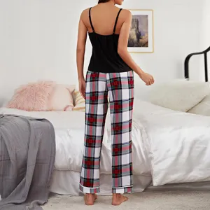 Set Pigiama donna estate comodo canotta e pantaloni quadri, top nero per abbigliamento casa.