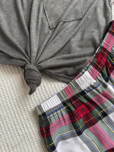 Women summer short sleeve pajama set casual sleepwear plaid shorts comfortable loungewear