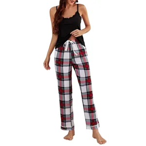 Set Pigiama Donna Estivo, Top con Bretelle Confortevole e Pantaloni Lunghi a Quadri Classici.