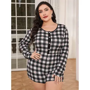 Plus size women black white plaid long sleeve romper cute heart print sleepwear loungewear