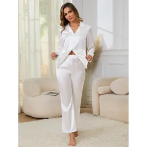 Damen weiße Seide Satin langarm Pyjama Set bequeme Nachtwäsche Hausanzug Sleepwear Stil