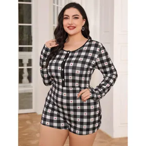 Plus size black and white plaid long sleeve onesie romper loungewear with cute heart prints