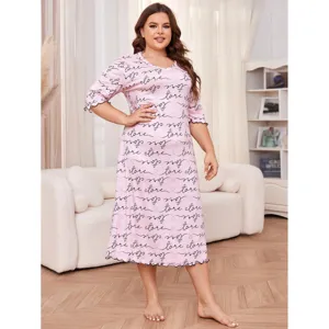 Chemise de nuit rose grande taille pour femme, robe de sommeil ample à manches courtes print.