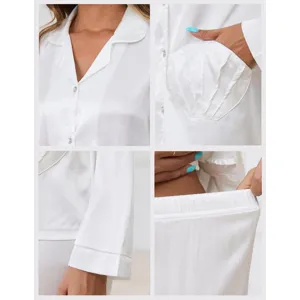 Weißer Seiden-Pyjama für Damen, elegantes langärmliges Nachtwäsche-Set mit Revers und Tasche.