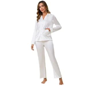 Damen weißes Seidensatin Langarm Pyjama Set Nachtwäsche Loungewear für Frühling Herbst.