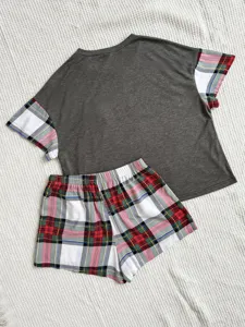Women summer short sleeve pajama set plaid shorts casual sleepwear loungewear comfy nightwear