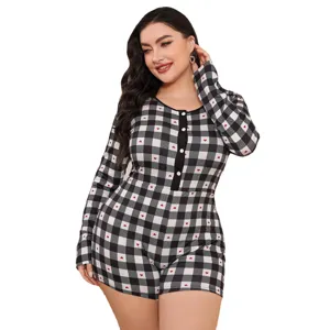 Plus size long sleeve plaid romper cute heart print button sleepwear loungewear casual