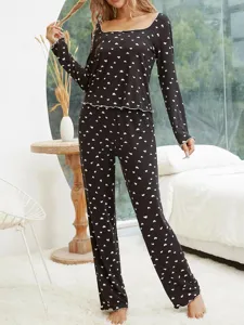 Women's long sleeve pajama set black heart print sleepwear comfortable homewear detail.