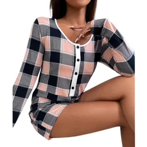 Mujer Manga Larga Cuadros Romper Sexy Cuello Redondo Botones Casual Ropa Dormir