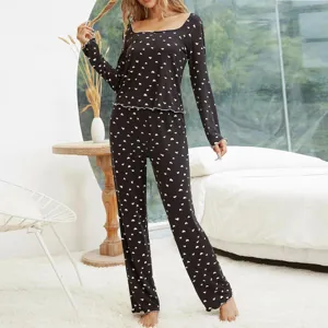 Women's Autumn Winter Long Sleeve Long Pants Pajama Set Cute Heart Print Square Neck Sleepwear Loungewear Top And Bottom