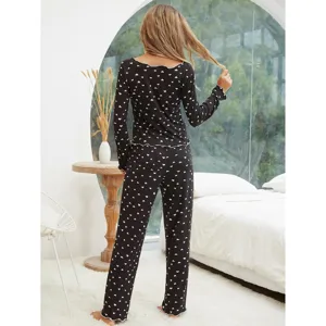 Women black heart print long sleeve long pants pajamas set nightwear lounge sleepwear