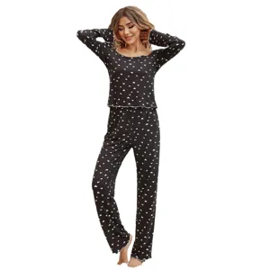 Women cute heart print long sleeve pajama set cozy sleepwear loungewear for winter