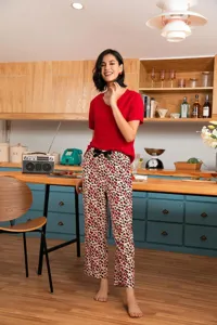 Women summer loungewear set short sleeve red top leopard pants casual sleepwear