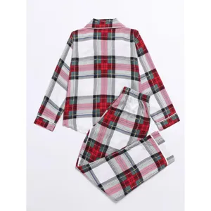 Classic red and green plaid long sleeve pajama set for children, comfortable home wear.