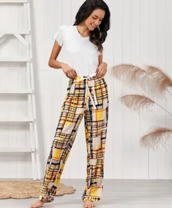 Women summer short sleeve plaid loungewear set casual sleepwear two piece outfit pants.
