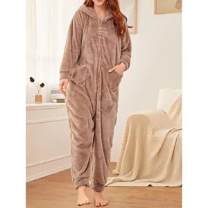 Pijama de mono con capucha mullida para mujer, ropa de casa de invierno cálida de felpa gruesa.