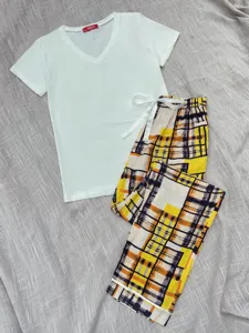 Women short sleeve pajama set with yellow plaid pants comfortable summer sleepwear loungewear