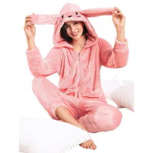 Pijama enterito de felpa rosa lindo con capucha y orejas de conejo ropa de dormir cómoda