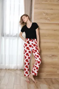 Women's short sleeve sleepwear set with floral print pants, comfortable casual summer home wear.