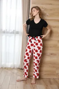 Women short sleeve pajama set casual sleepwear summer home wear floral printed trousers