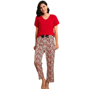 Women short sleeve V-neck top and leopard print pants comfortable two-piece pyjamas set