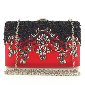 Handmade Beaded Rhinestone Evening Bag Synthetic Leather Horizontal Square Clutch With Chain Strap For Banquet Party Women Purse