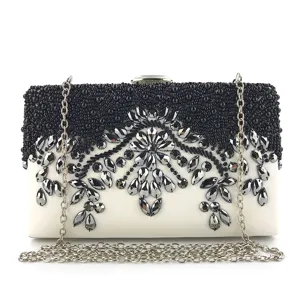 Elegant beaded evening clutch bag detail showing intricate crystal floral embroidery.
