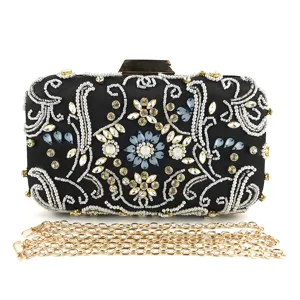 Borsa da Sera con Ricamo Manuale in Strass Lussuosa Pochette da Donna Motivo Floreale Handbag per Matrimonio Festa con Catena