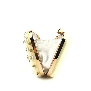Primo piano dettagliato di una borsa da sera beige con strass perline e cornice dorata.