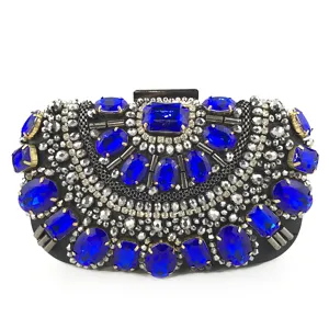 Magnifique sac de soirée en strass bleu pochette portefeuille étincelante pour femme.